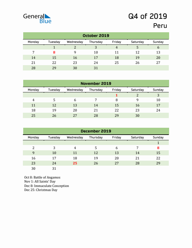 Quarterly Calendar 2019 with Peru Holidays