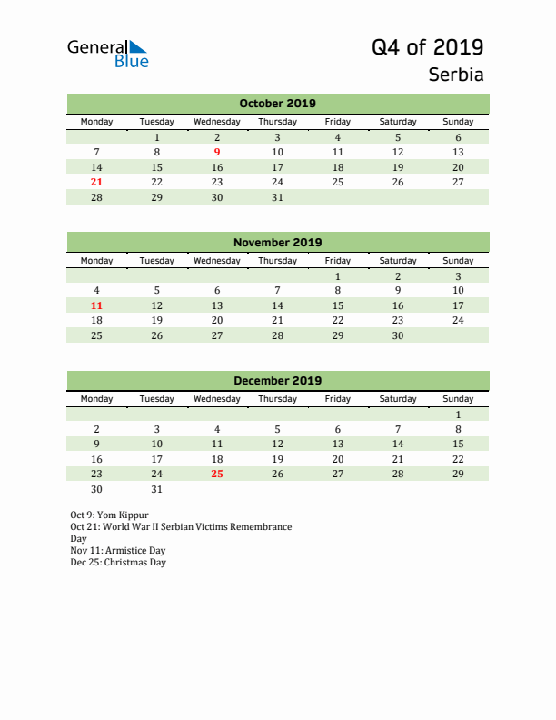 Quarterly Calendar 2019 with Serbia Holidays