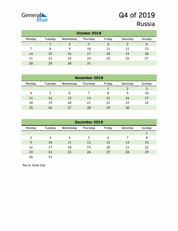 Quarterly Calendar 2019 with Russia Holidays