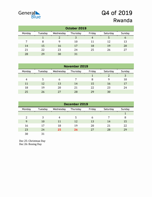 Quarterly Calendar 2019 with Rwanda Holidays