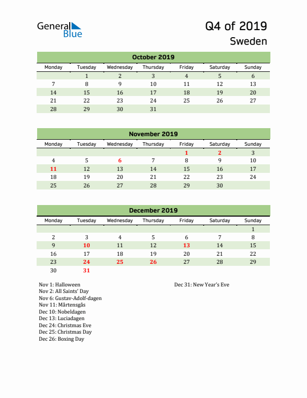 Quarterly Calendar 2019 with Sweden Holidays