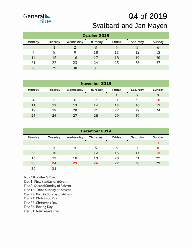 Quarterly Calendar 2019 with Svalbard and Jan Mayen Holidays