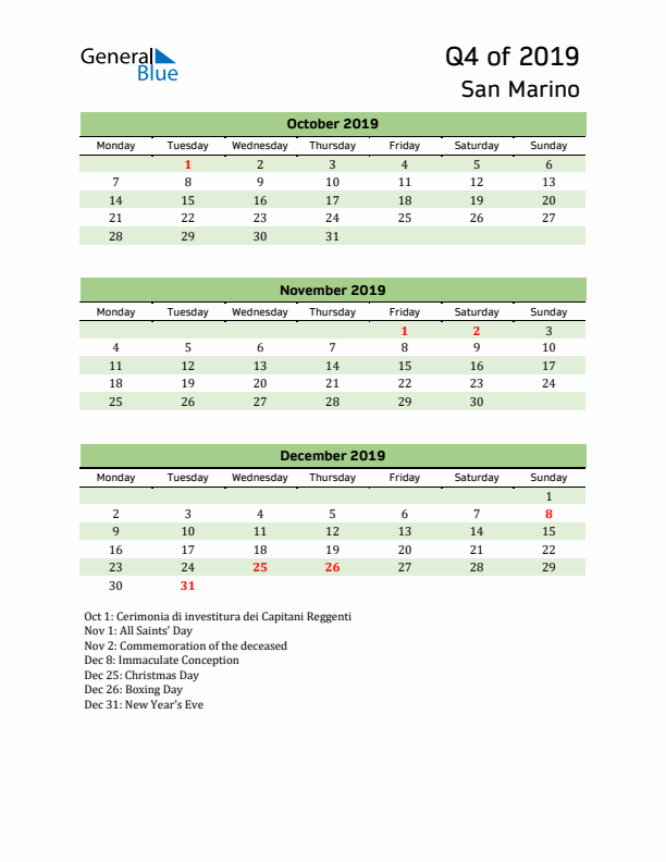 Quarterly Calendar 2019 with San Marino Holidays