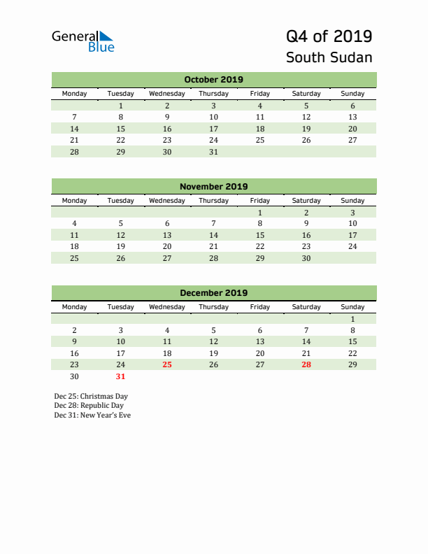 Quarterly Calendar 2019 with South Sudan Holidays