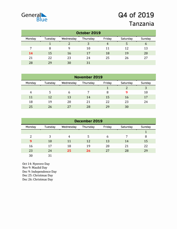 Quarterly Calendar 2019 with Tanzania Holidays