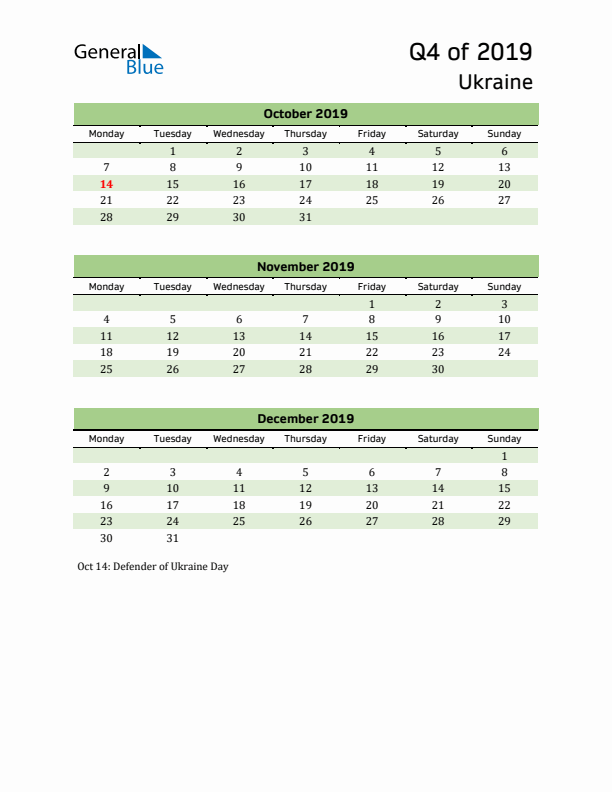 Quarterly Calendar 2019 with Ukraine Holidays