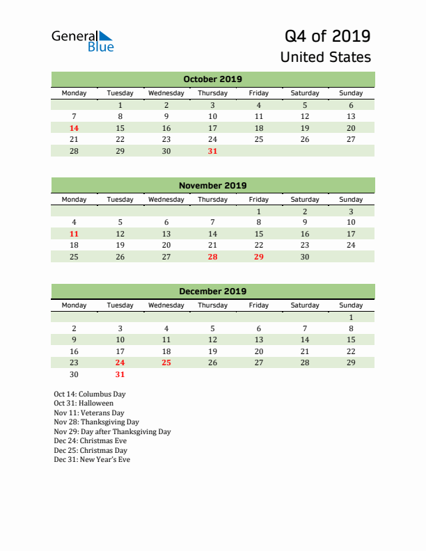 Quarterly Calendar 2019 with United States Holidays