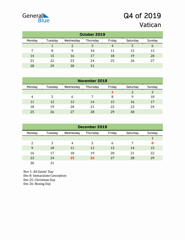 Quarterly Calendar 2019 with Vatican Holidays