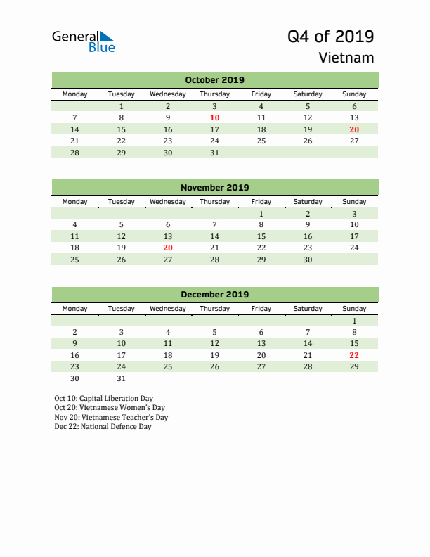 Quarterly Calendar 2019 with Vietnam Holidays