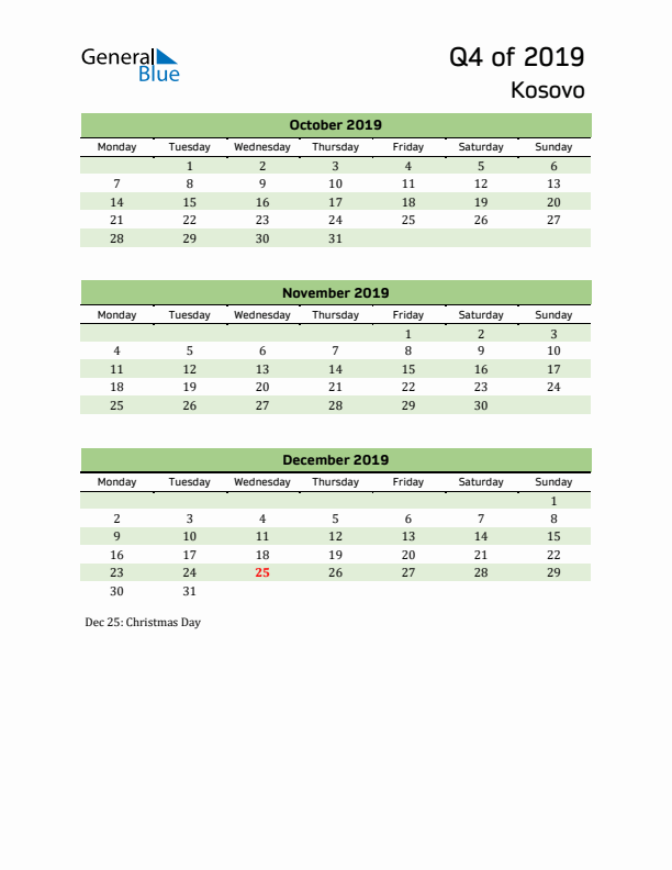 Quarterly Calendar 2019 with Kosovo Holidays