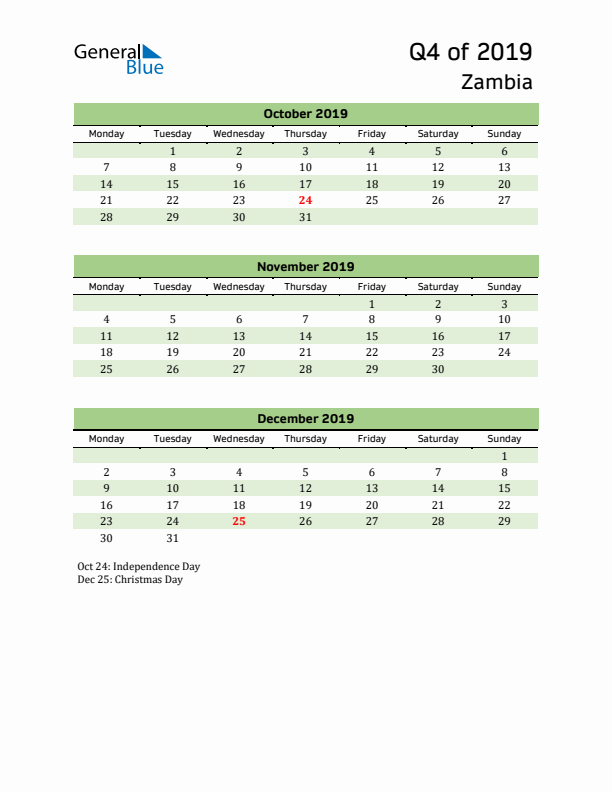 Quarterly Calendar 2019 with Zambia Holidays