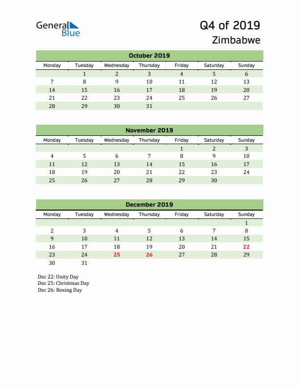 Quarterly Calendar 2019 with Zimbabwe Holidays