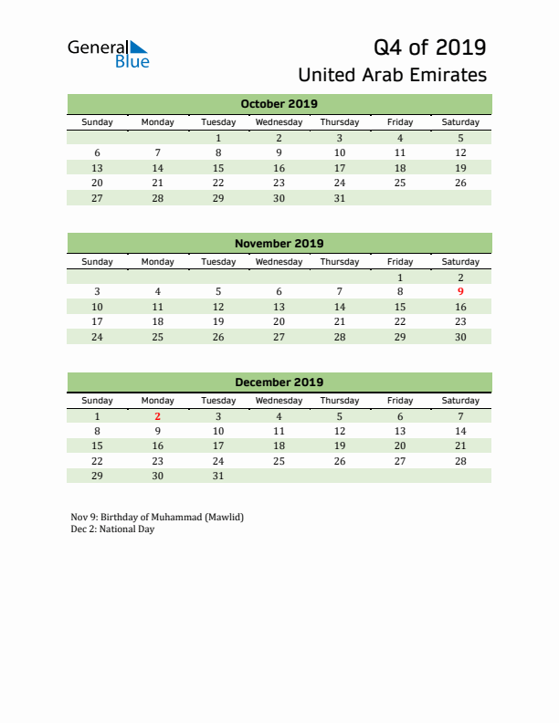 Quarterly Calendar 2019 with United Arab Emirates Holidays