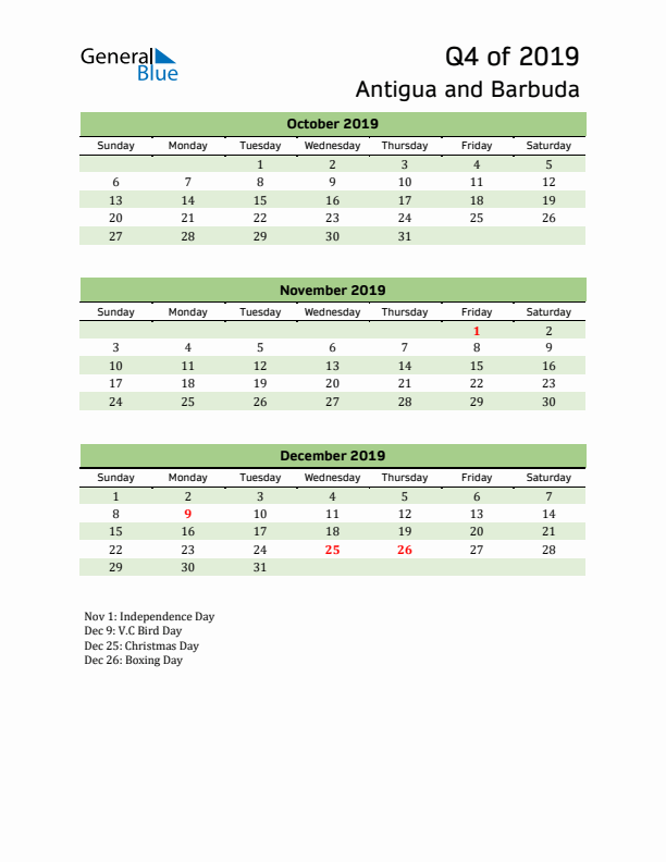 Quarterly Calendar 2019 with Antigua and Barbuda Holidays