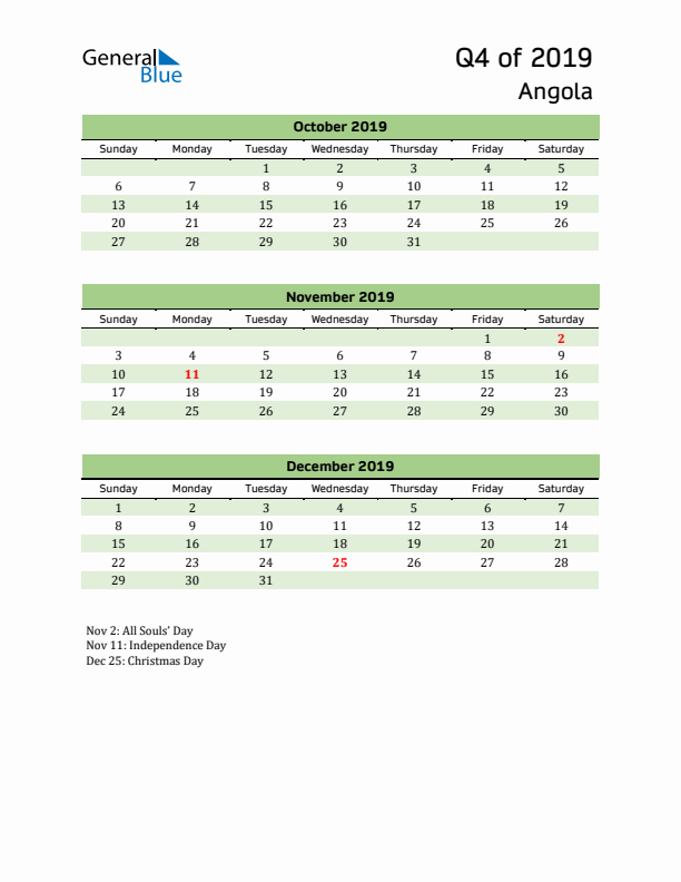 Quarterly Calendar 2019 with Angola Holidays