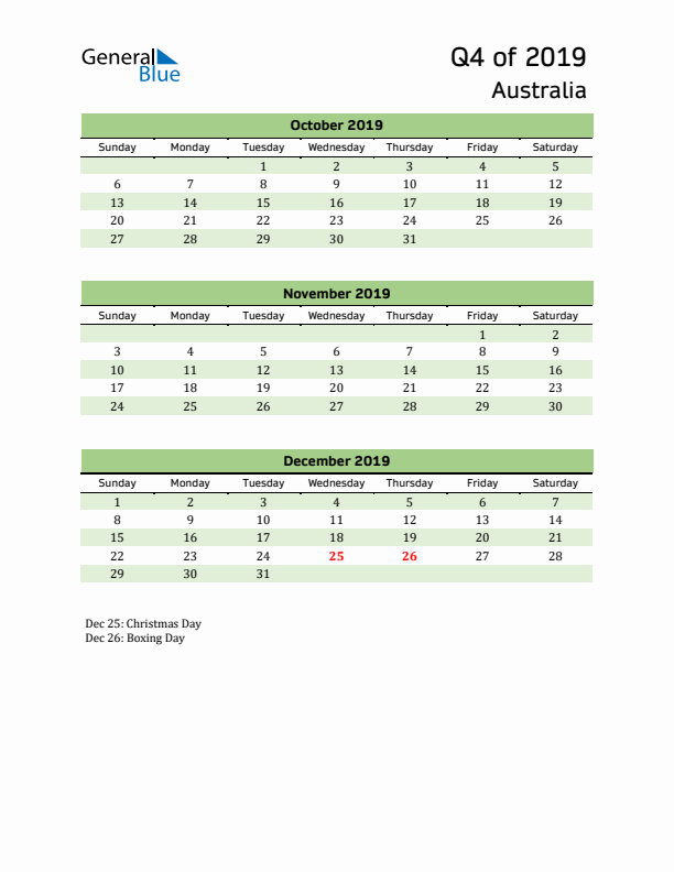 Quarterly Calendar 2019 with Australia Holidays