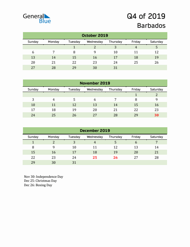 Quarterly Calendar 2019 with Barbados Holidays