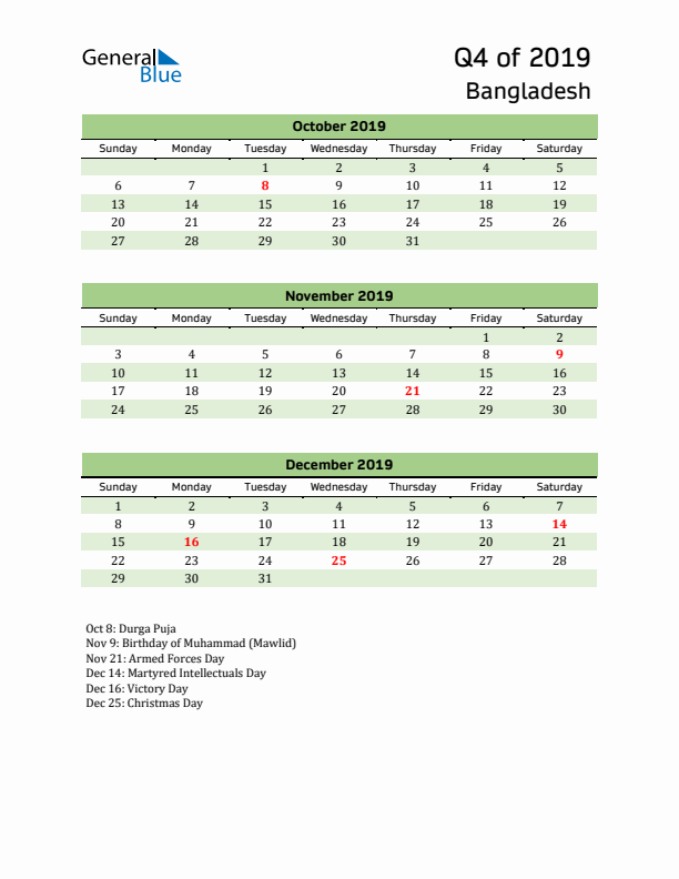 Quarterly Calendar 2019 with Bangladesh Holidays