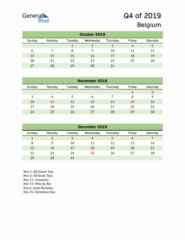 Quarterly Calendar 2019 with Belgium Holidays