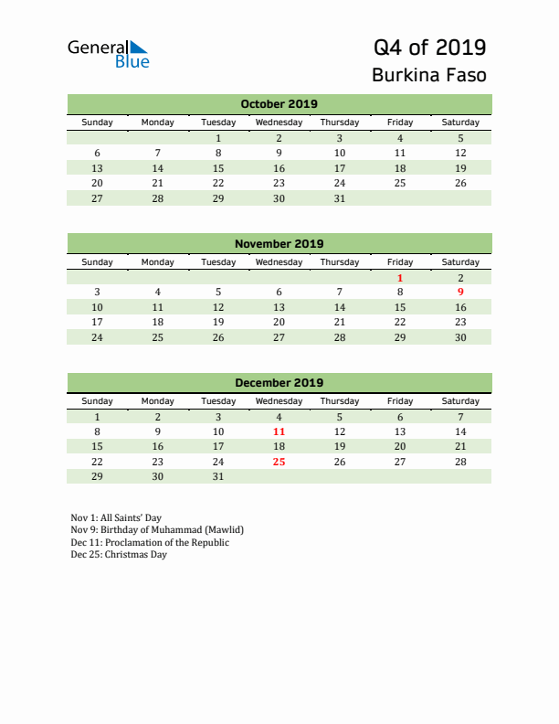 Quarterly Calendar 2019 with Burkina Faso Holidays