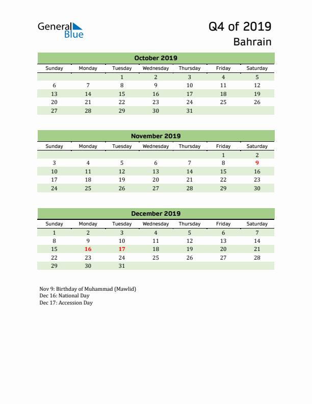 Quarterly Calendar 2019 with Bahrain Holidays