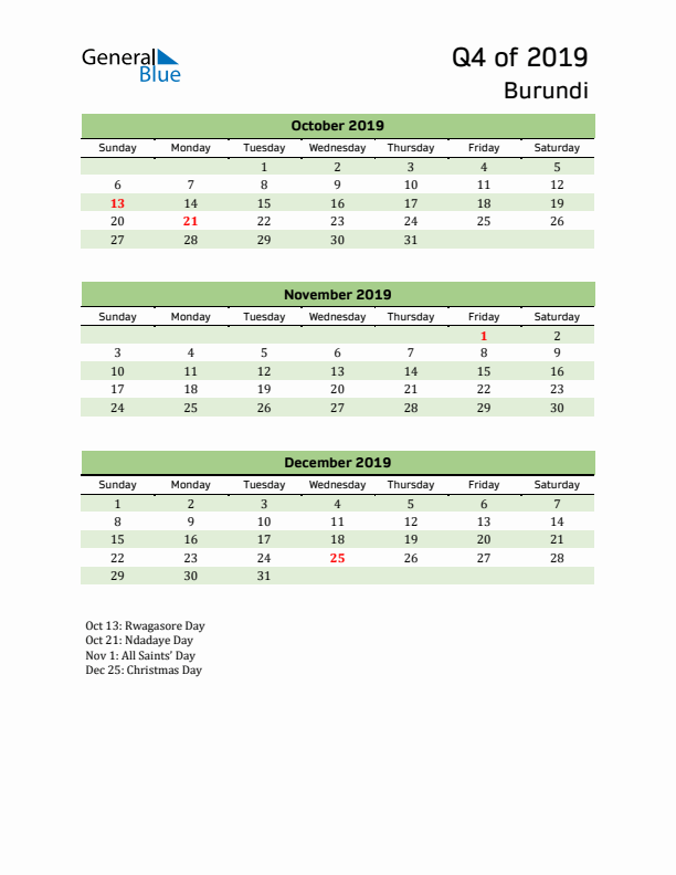 Quarterly Calendar 2019 with Burundi Holidays