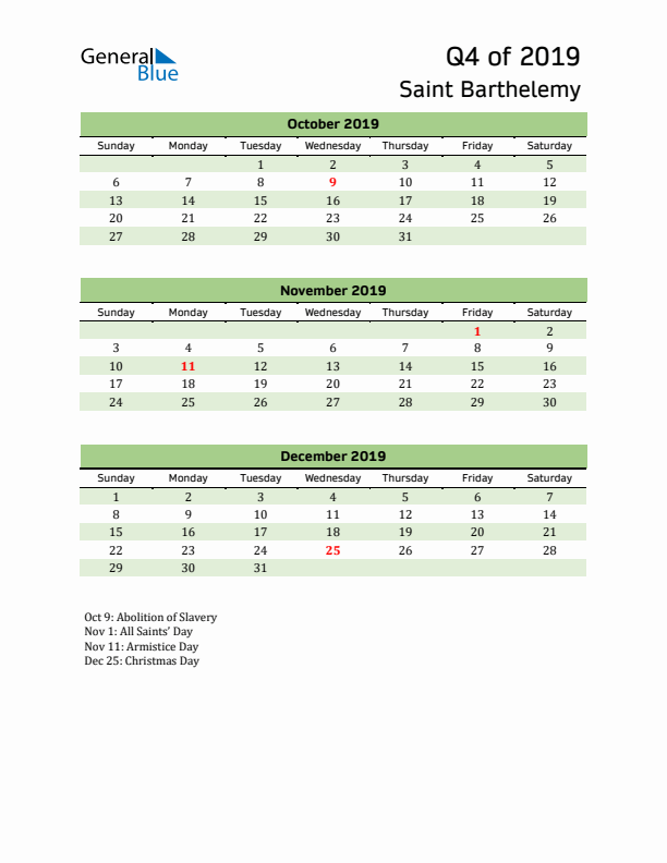 Quarterly Calendar 2019 with Saint Barthelemy Holidays