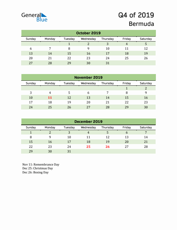 Quarterly Calendar 2019 with Bermuda Holidays