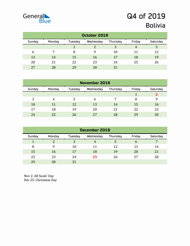 Quarterly Calendar 2019 with Bolivia Holidays