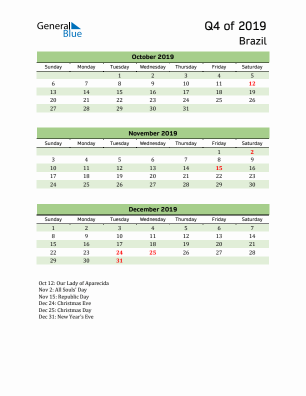 Quarterly Calendar 2019 with Brazil Holidays