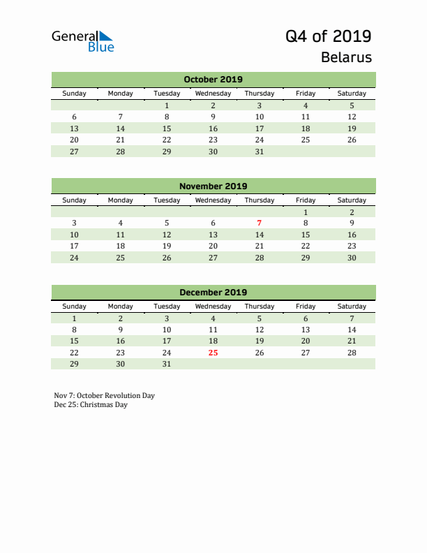 Quarterly Calendar 2019 with Belarus Holidays