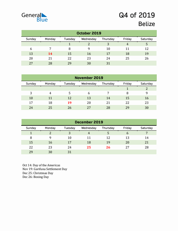 Quarterly Calendar 2019 with Belize Holidays