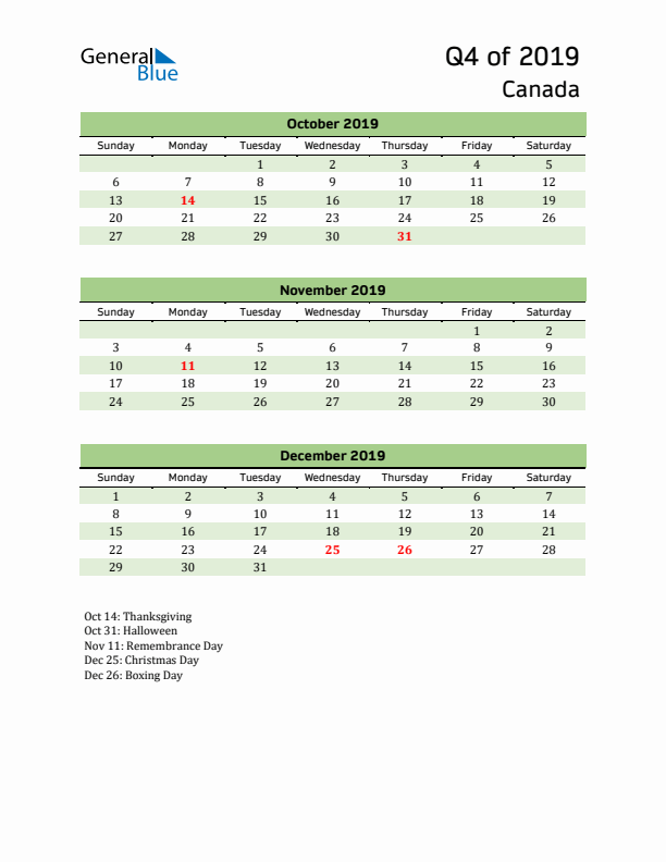 Quarterly Calendar 2019 with Canada Holidays