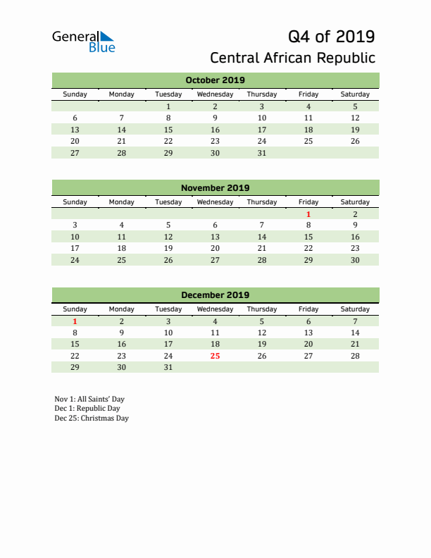 Quarterly Calendar 2019 with Central African Republic Holidays