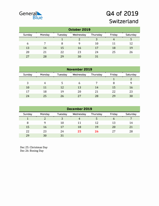 Quarterly Calendar 2019 with Switzerland Holidays