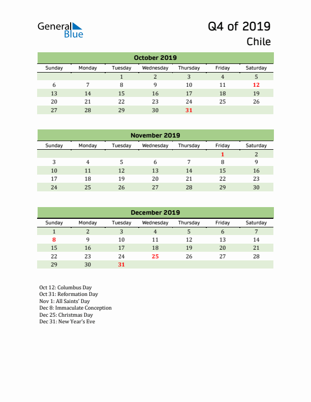 Quarterly Calendar 2019 with Chile Holidays