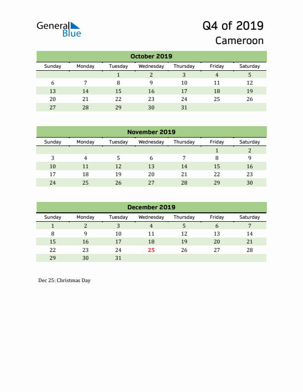 Quarterly Calendar 2019 with Cameroon Holidays