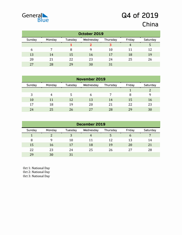 Quarterly Calendar 2019 with China Holidays