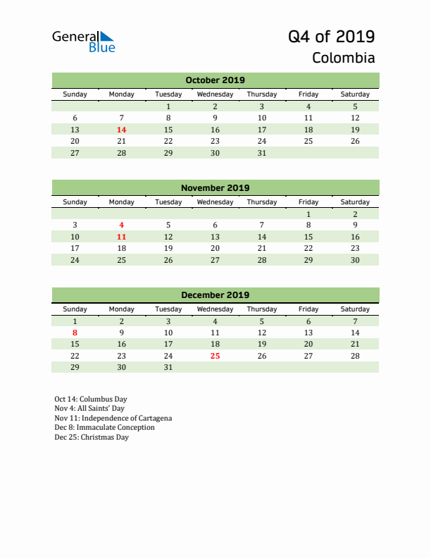 Quarterly Calendar 2019 with Colombia Holidays