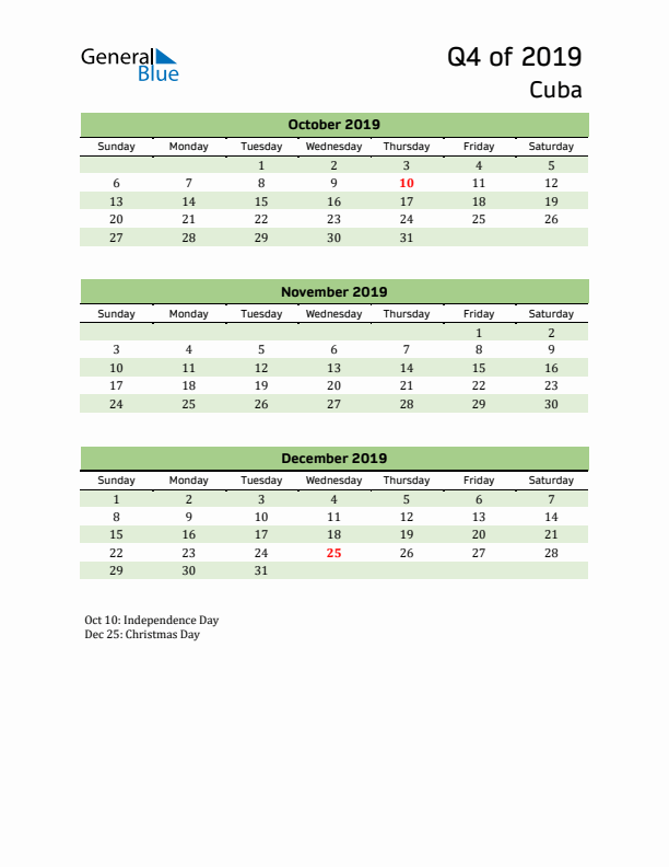 Quarterly Calendar 2019 with Cuba Holidays