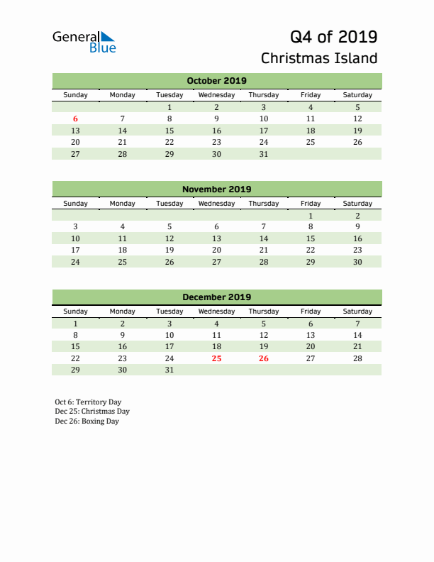 Quarterly Calendar 2019 with Christmas Island Holidays