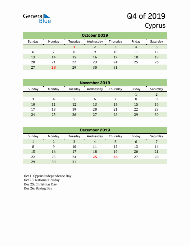 Quarterly Calendar 2019 with Cyprus Holidays