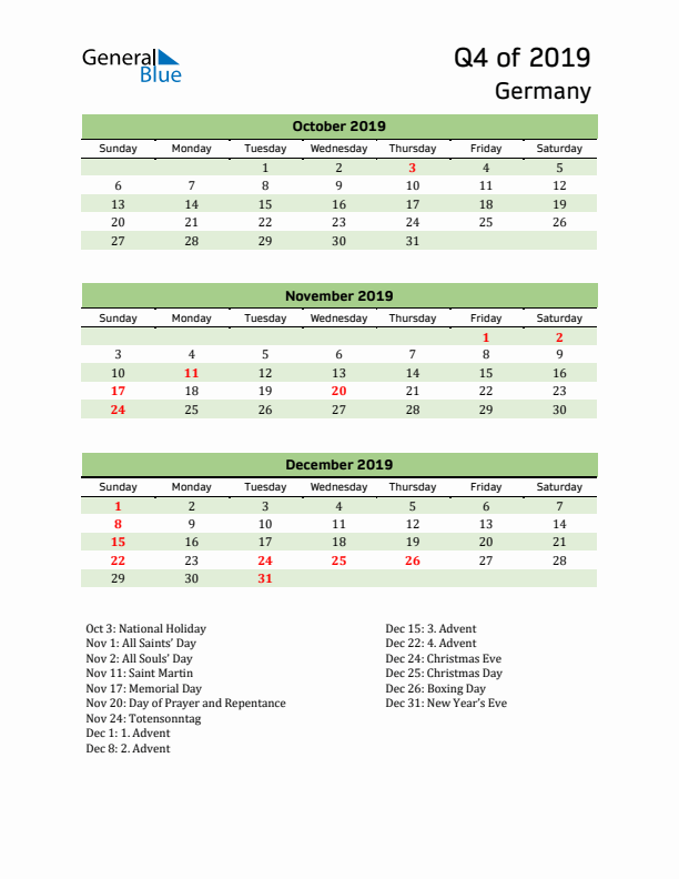 Quarterly Calendar 2019 with Germany Holidays