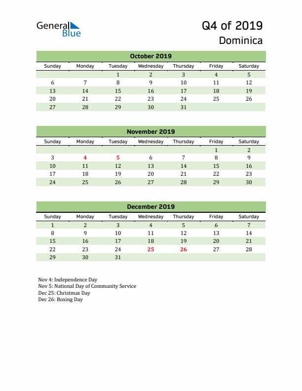 Quarterly Calendar 2019 with Dominica Holidays