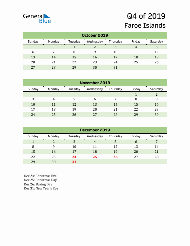 Quarterly Calendar 2019 with Faroe Islands Holidays