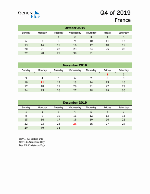 Quarterly Calendar 2019 with France Holidays