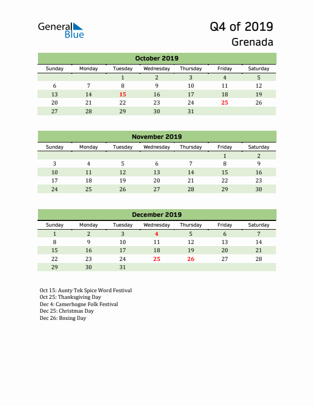 Quarterly Calendar 2019 with Grenada Holidays