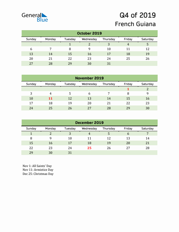 Quarterly Calendar 2019 with French Guiana Holidays