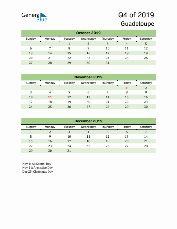 Quarterly Calendar 2019 with Guadeloupe Holidays