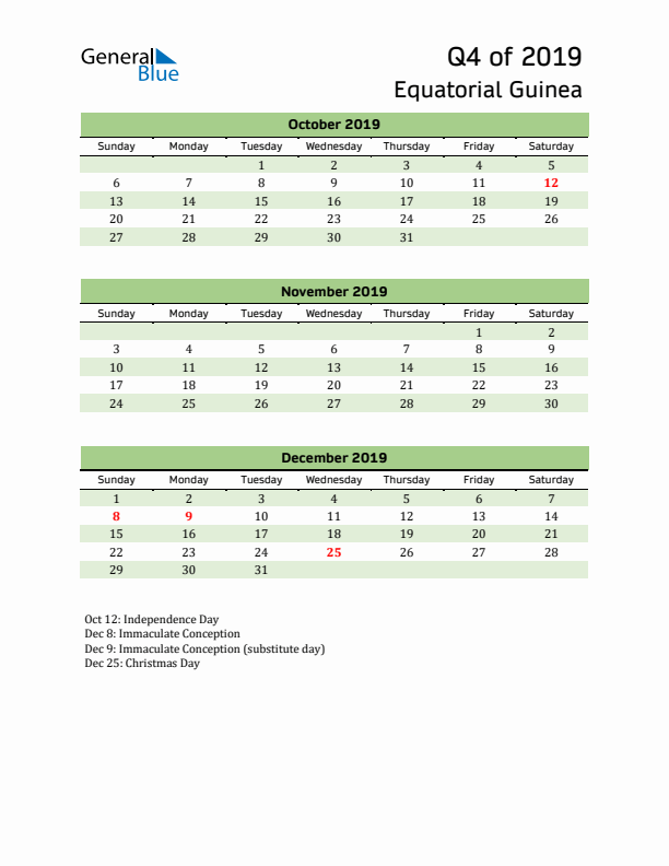 Quarterly Calendar 2019 with Equatorial Guinea Holidays